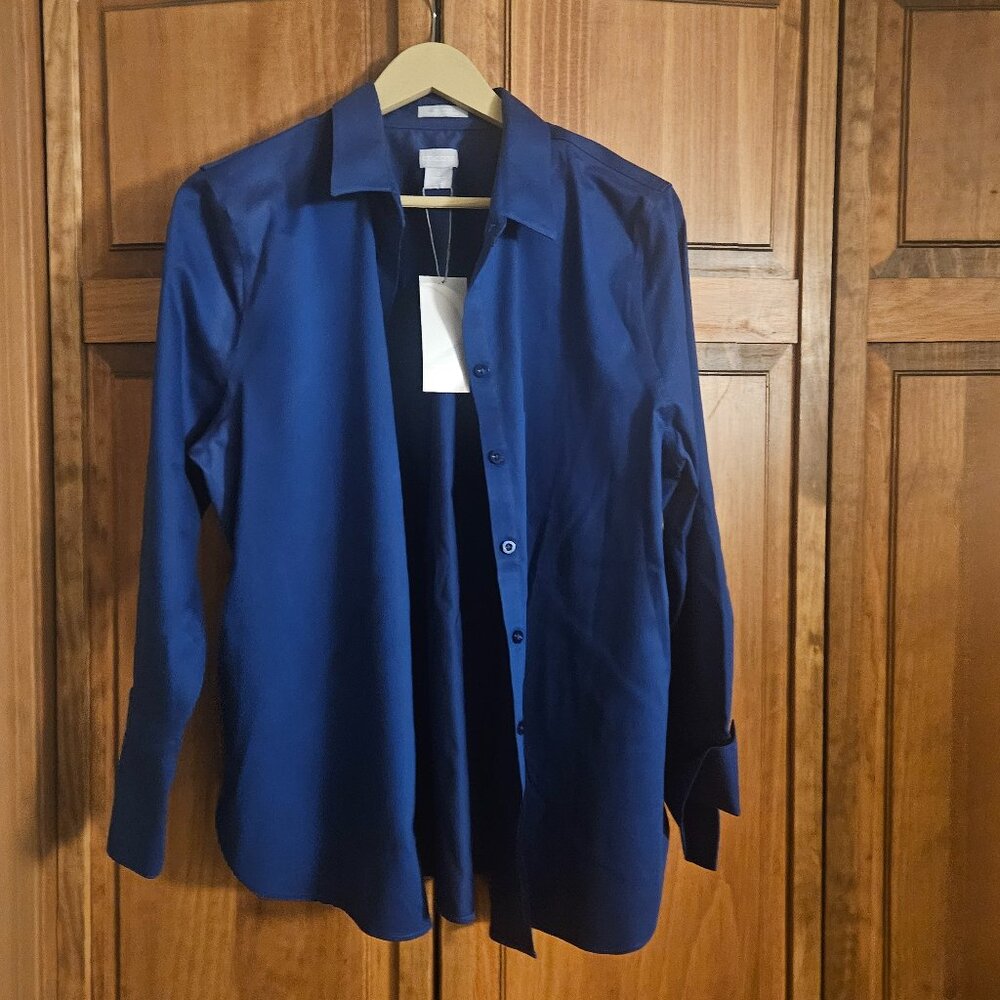 NWT Chico's 2 no iron stretch 3/4 shirt seafaring blue size 2